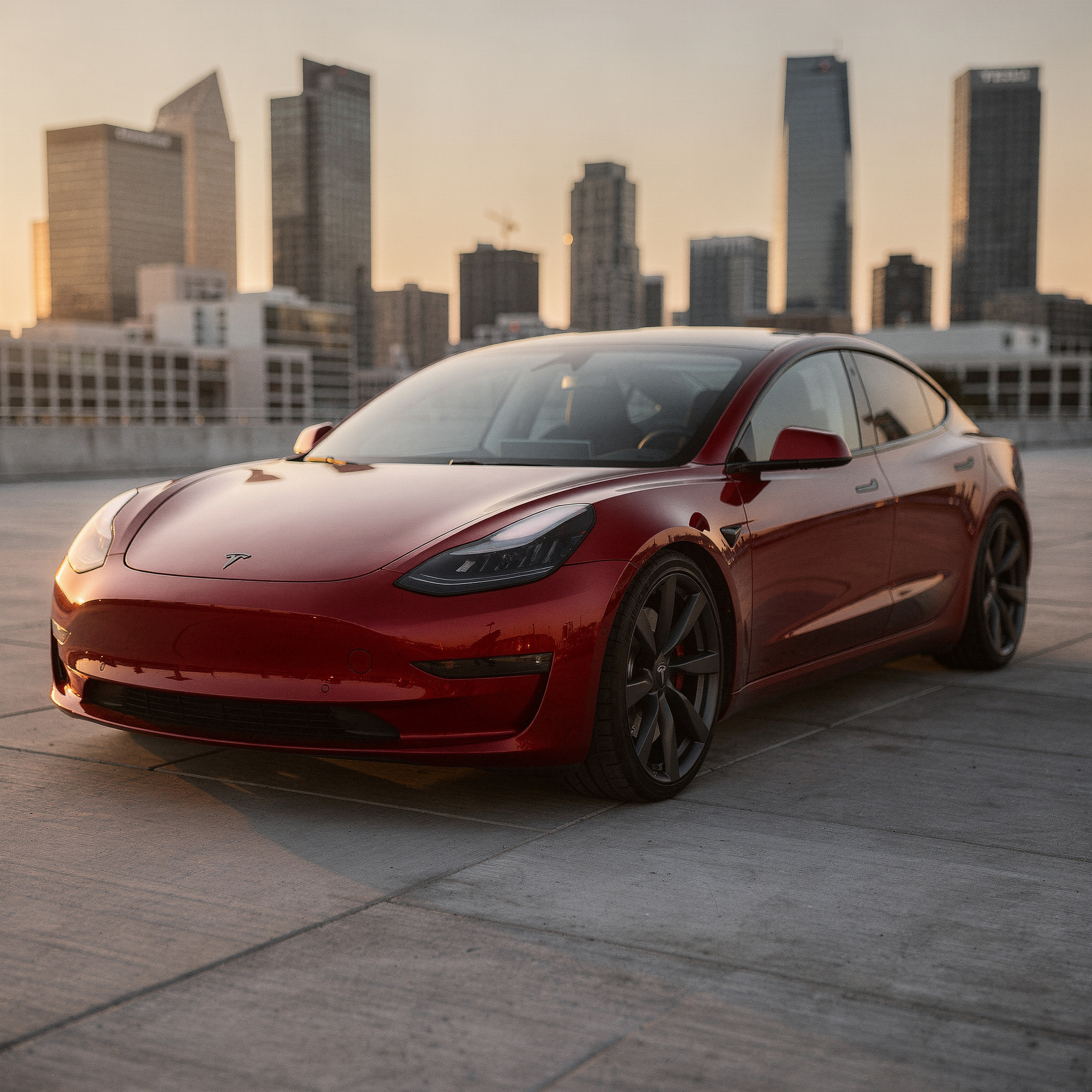 A red tesla model 3, with sunset on a city in the background